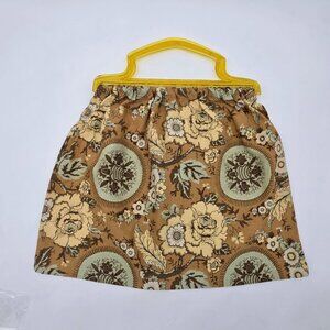 Vintage 1970s Boho Style Floral Fabric Tote Bag With Yellow Plastic Handle 19" W
